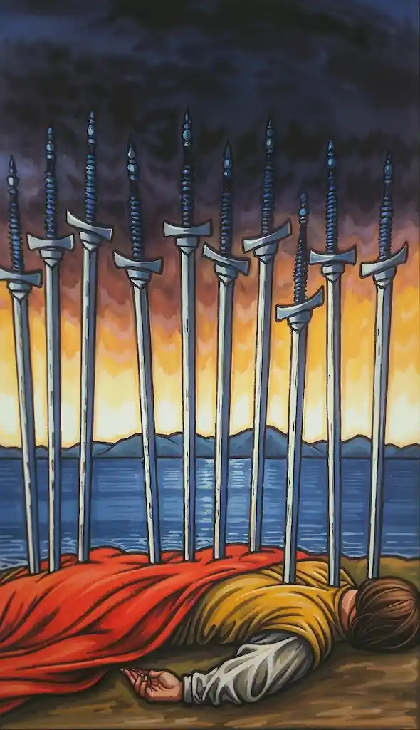 El Palo de Espadas: Explorando la Mente y el Conflicto en el Tarot 10 de Espadas al Derecho en el Tarot