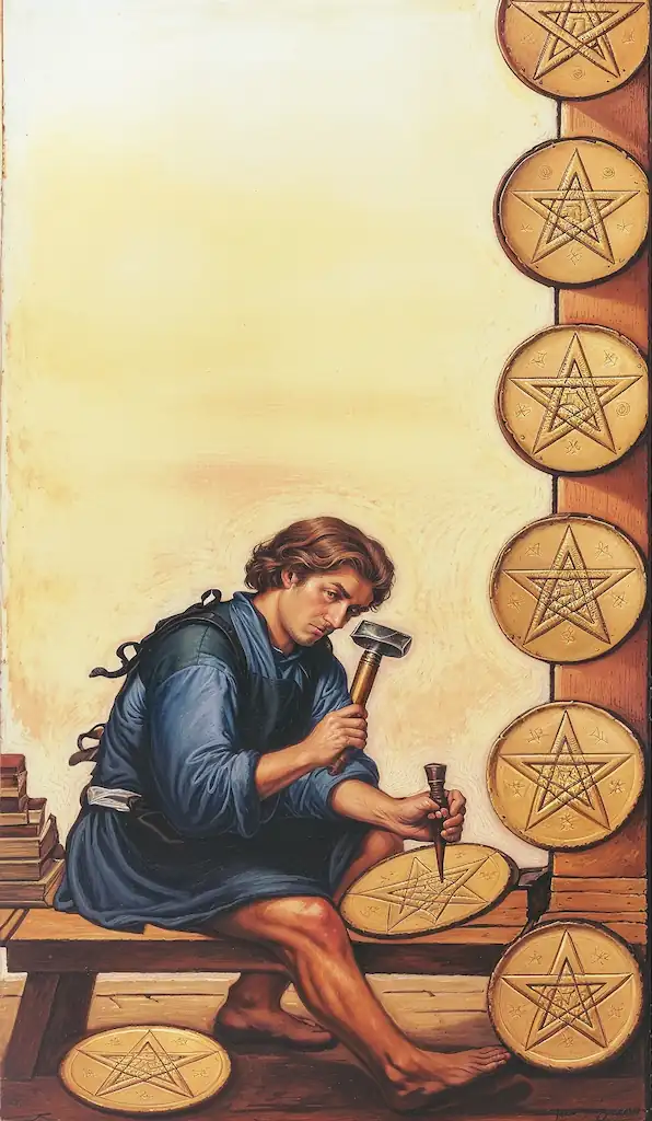 El Palo de Oros en el Tarot: Conexión con lo Material y el Progreso 8 de Oros al Derecho en el Tarot