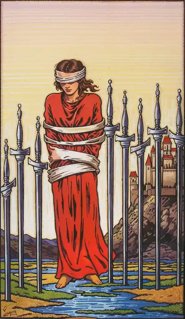 8 de Espadas en el Tarot: Cómo Liberarte del Confinamiento Mental 8 de espadas al derecho tarot