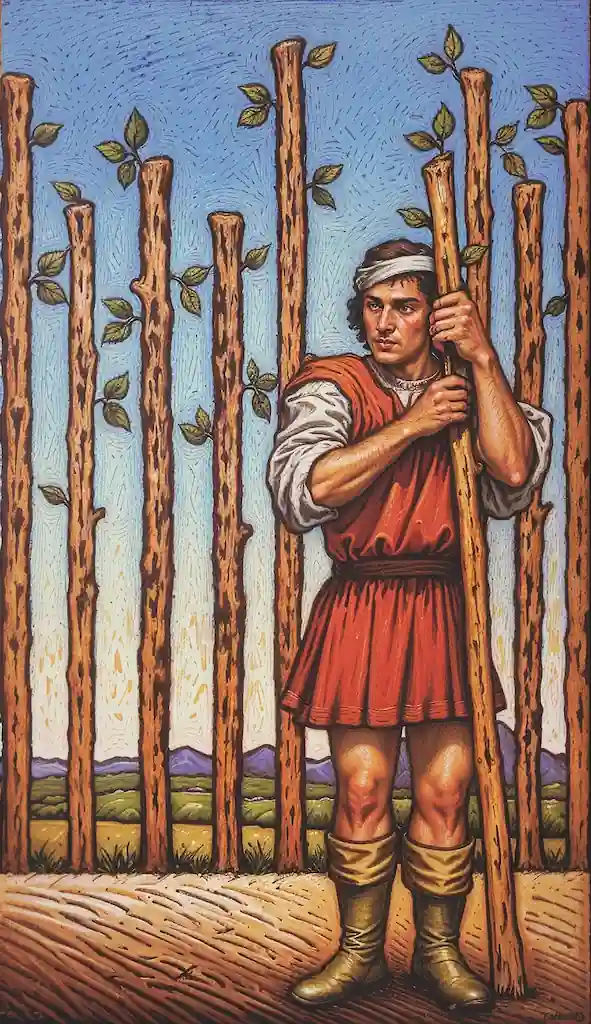 ¿Te Sientes Exhausto? El 9 de Bastos Tiene el Mensaje Que Necesitas 9 de Bastos al Derecho en el Tarot